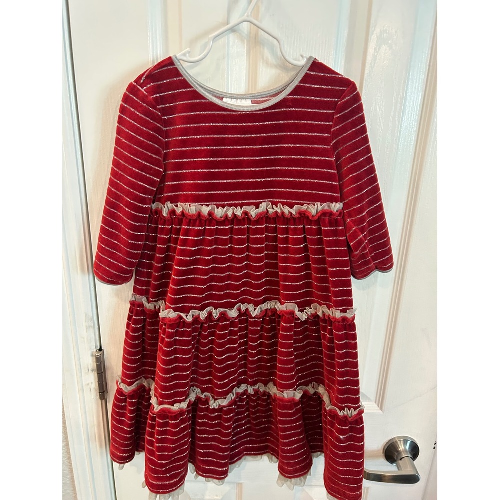 Hanna‎ Andersson Dress Red Silver Striped Velour Tiered Ruffle Holiday Party 110